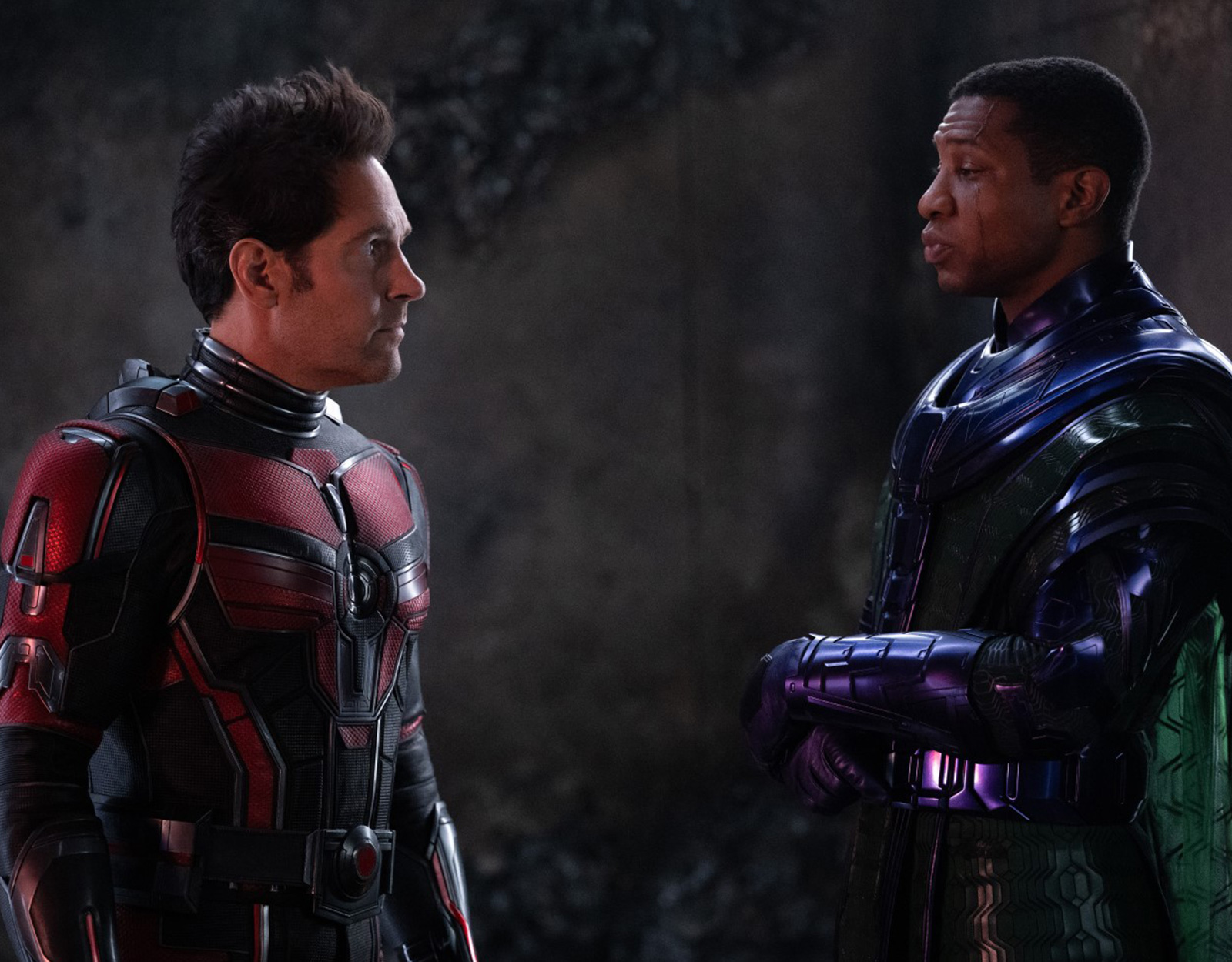 Paul Rudd as Scott Lang/Ant-Man and Jonathan Majors as Kang the Conqueror in Marvel Studios' ANT-MAN AND THE WASP: QUANTUMANIA.