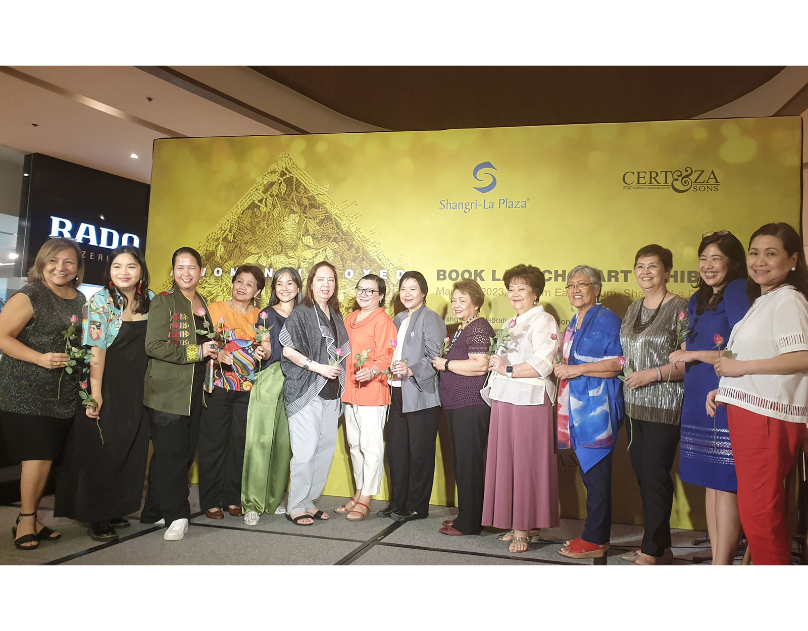 Gayle Certeza, Carissa Singson, Dina Pecaña, Edlyn Ng Cha, Gina Verdolaga, Kat Gomez-Limchoc, Maureen Sandejas, Rose Marie Yenko, Sonia Roco, and Tweet Sering gathered together for a book launch and art exhibition