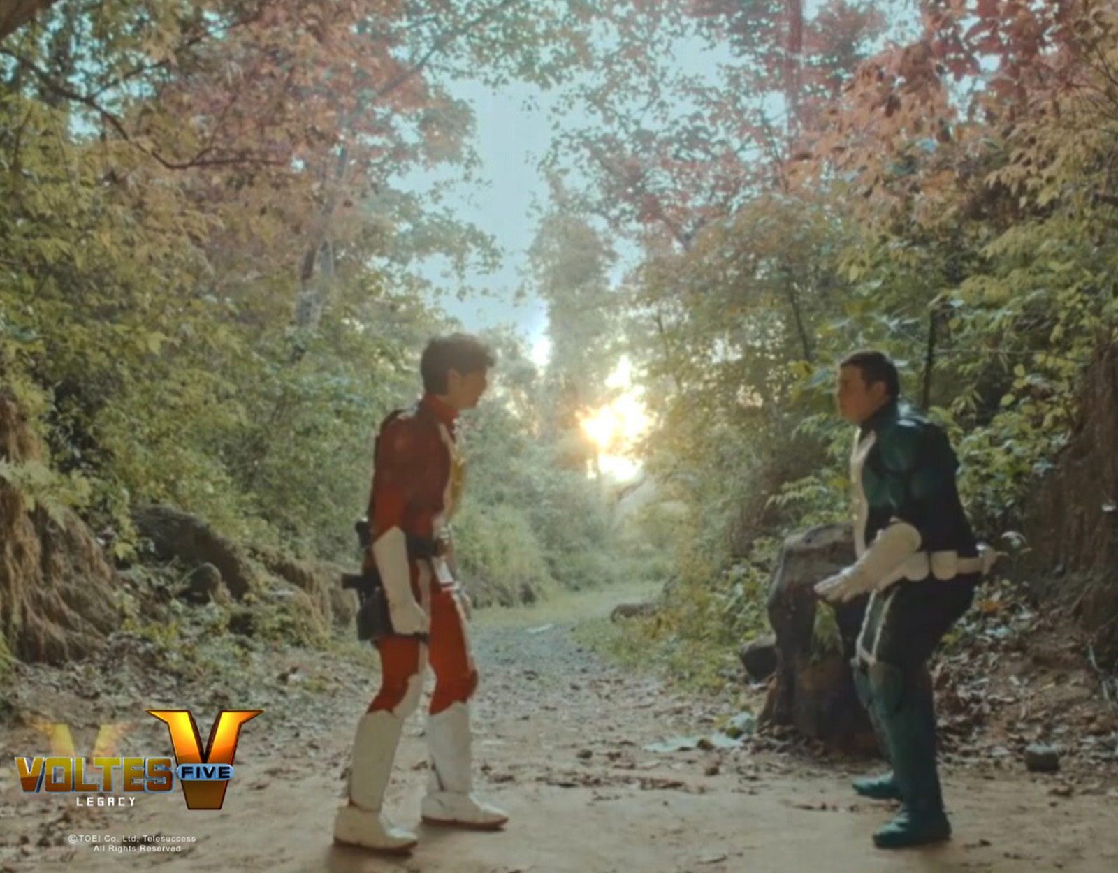 Matt Lozano and Miguel Tanfelix prepare to do one of Voltes V's iconic scenes