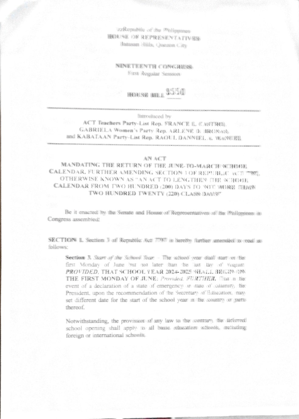 house bill to restore the old school calendar