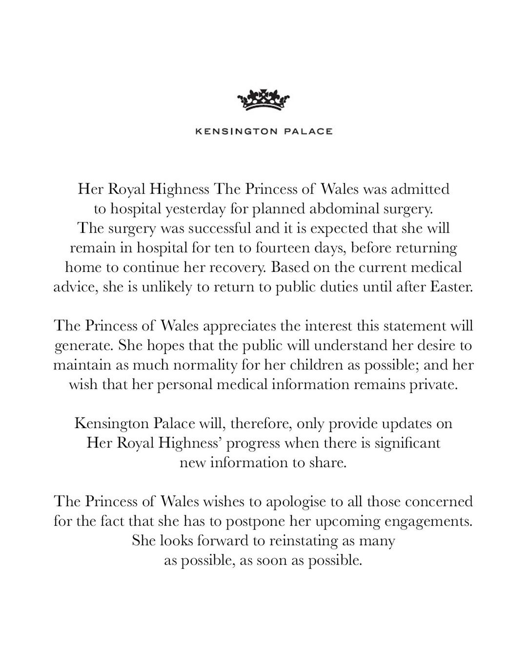 Official announcement regarding the Princess of Wales' surgery