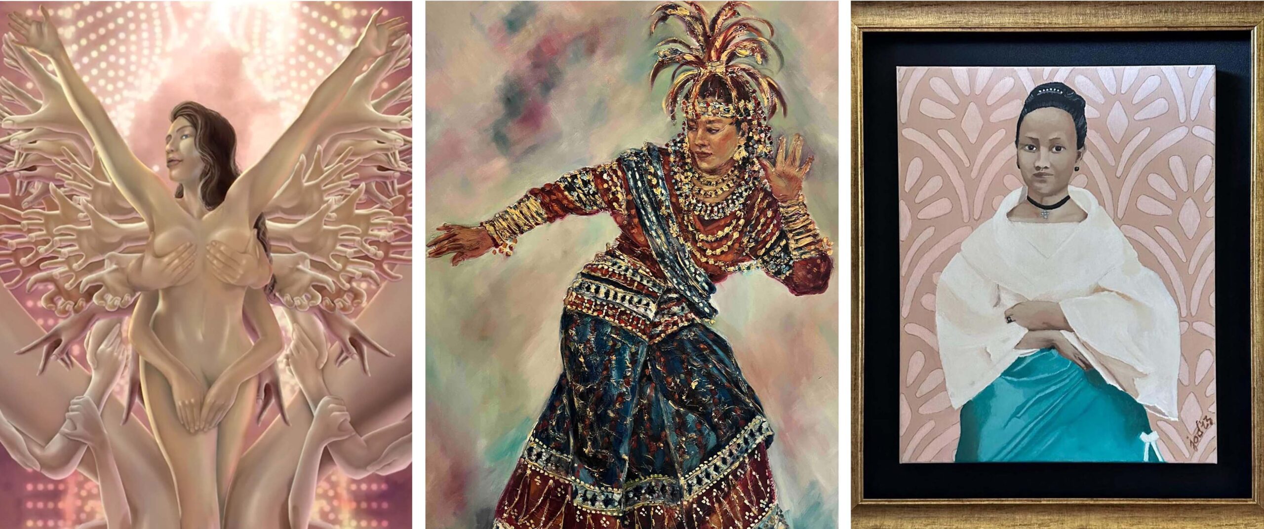 (L-R): Luis Buenaventura, Handmade 1 [Still], Digital Artwork (Animated) | Isabel Echevarria, Manobo, 48in x 36in, Mixed Media on Canvas | Joanna Duarte, Mona Lisa, Ikaw Ba Yan_, 20in x 16in, Oil on Canvas