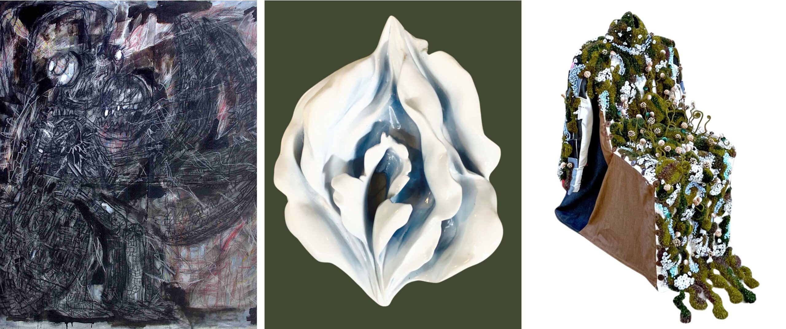 (L-R): Ernest Concepcion - Age of the Mantis, 63in x 54in, Mixed Media on Canvas | Julie Lluch - Georgia Lily, Cold Cast Marble and Acrylic, 16in x 13in x 2 | Ken Samudio x Bagasao, Plenteous