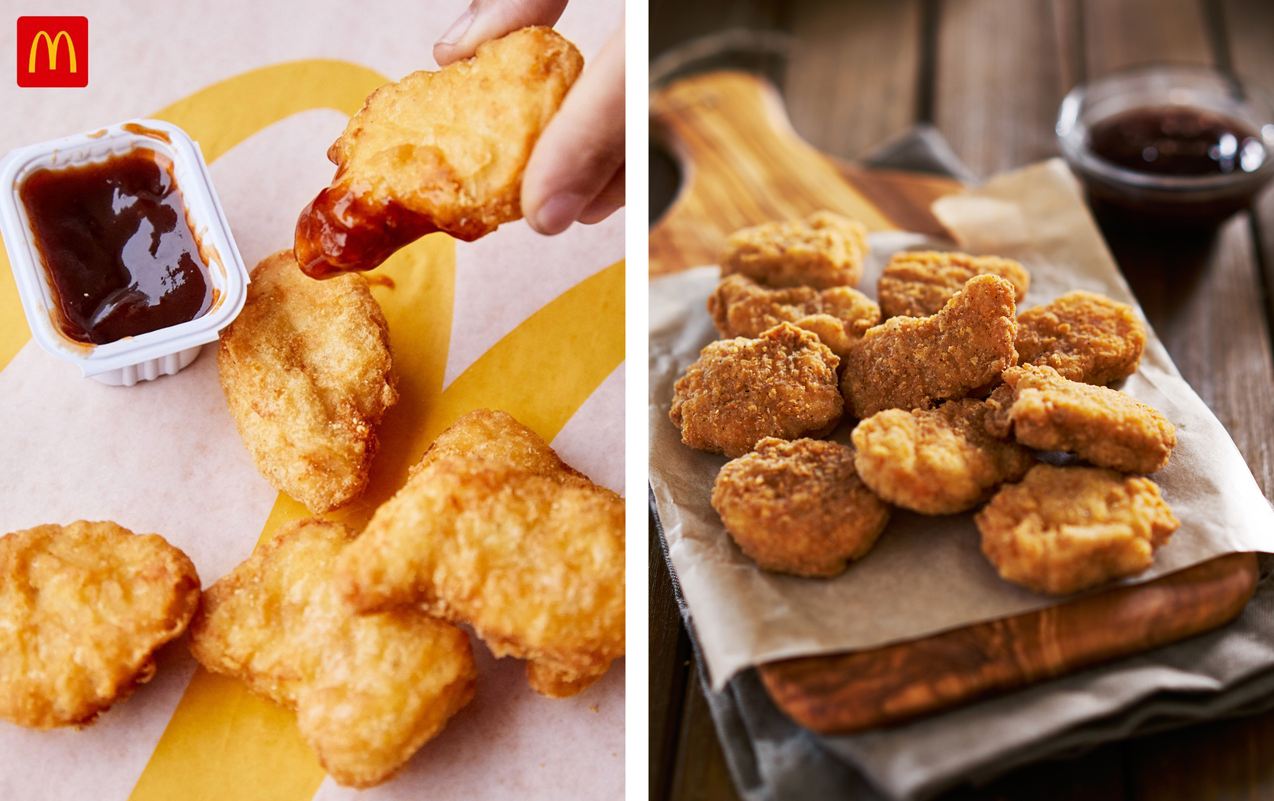 Chicken Nuggets with BBQ-Sauce from McDonald's (left) and Veega Plant-based Nuggets dupe (right). 