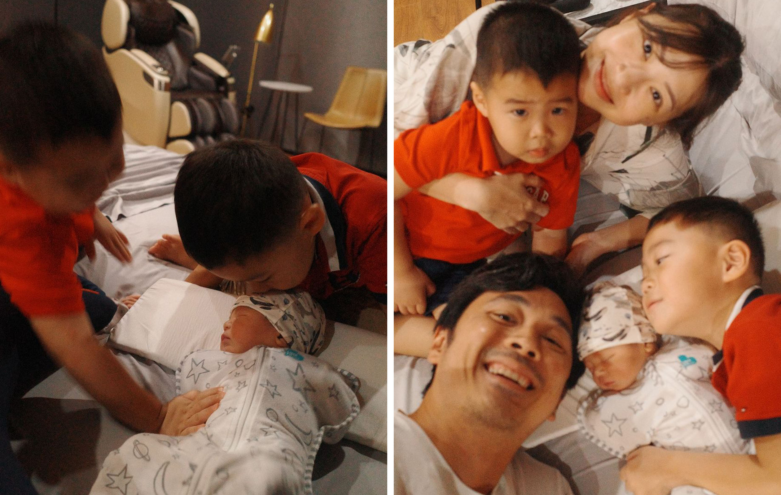 Kryz Uy with her two elder sons, Scottie and Seven, meeting baby no. 3 — Saxon