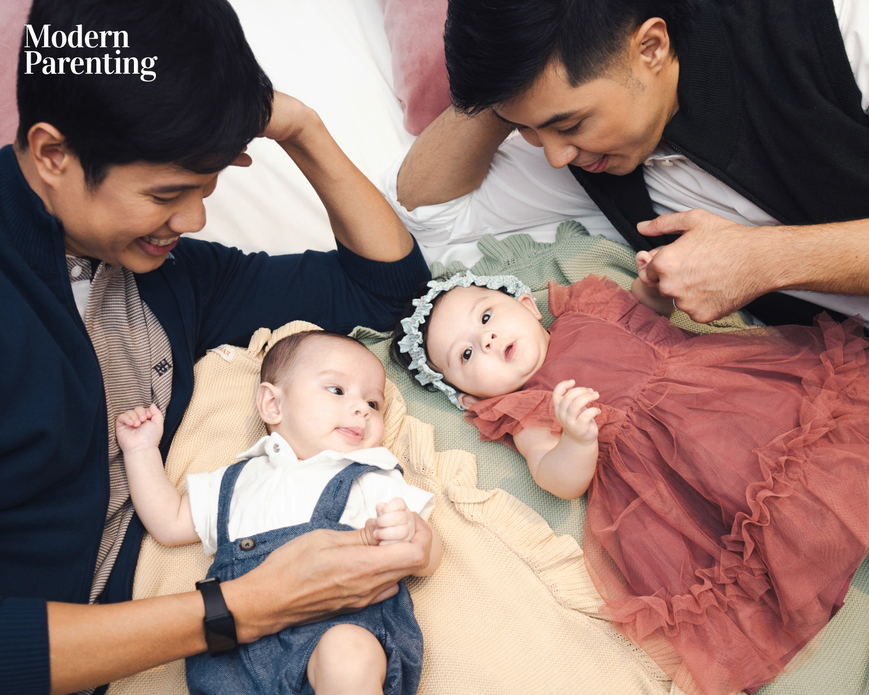 Jappy Reyes and Alvin Miranda with twins Franc and Gia for Modern Parenting February