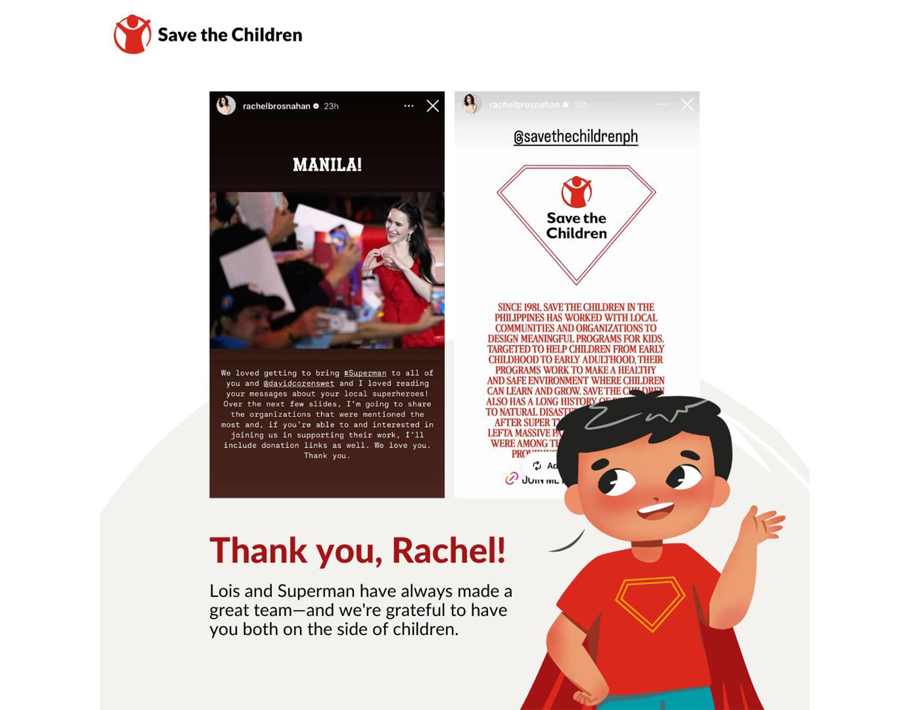 The actress behind Lois Lane in the upcoming Superman movie spotlights local heroes in the Philippines, reminding fans that real-life kindness is the greatest superpower