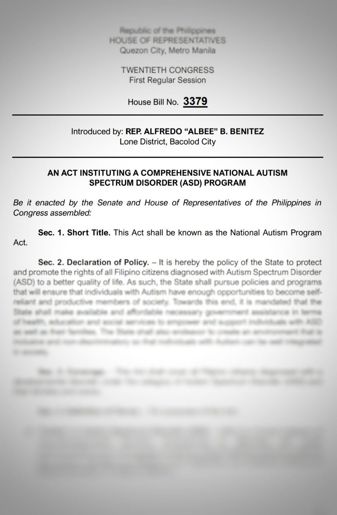 Opening page of the National Autism Program Bill