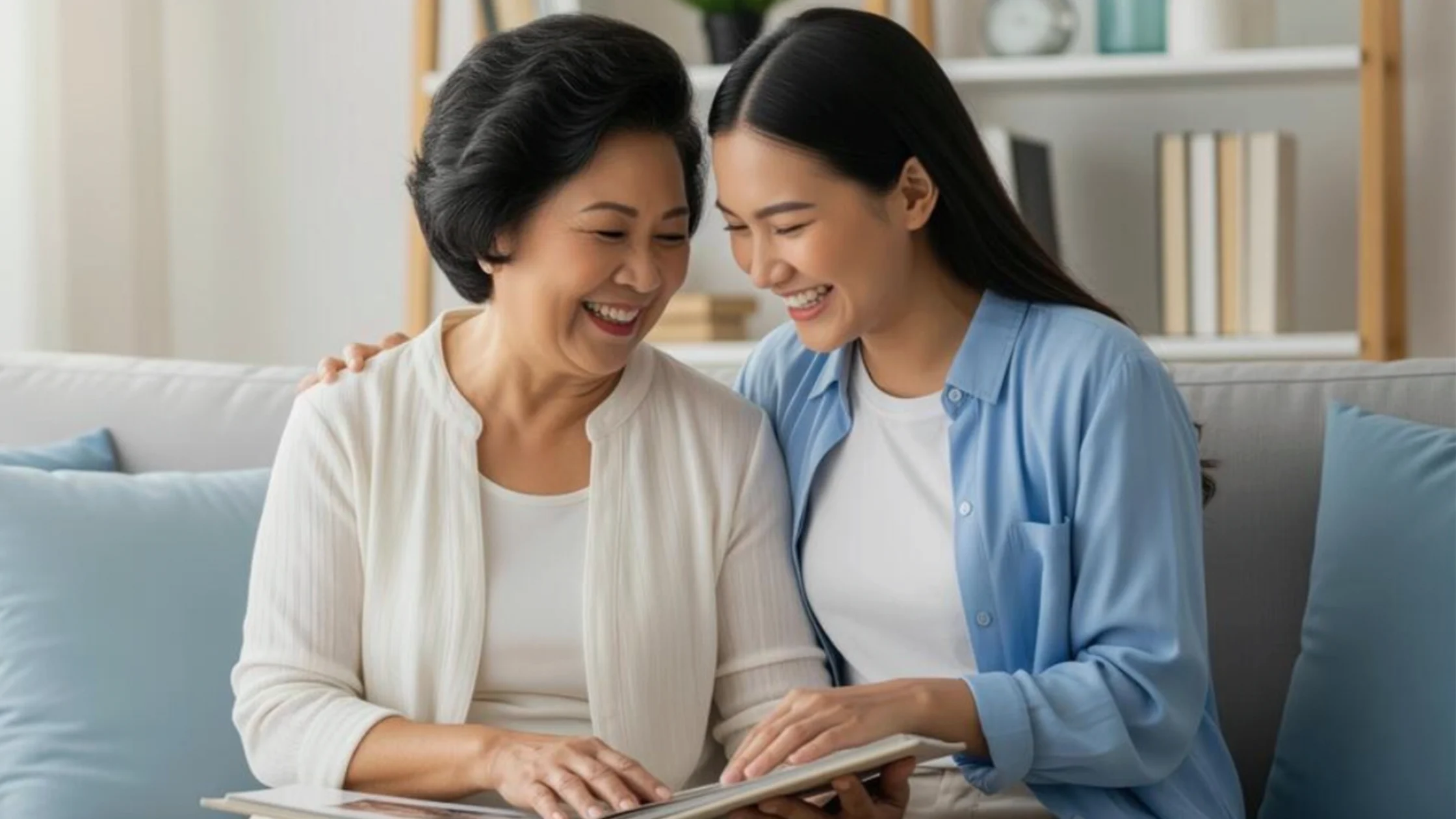 Two women sitting on a couch, smiling as they look through an open photo album.