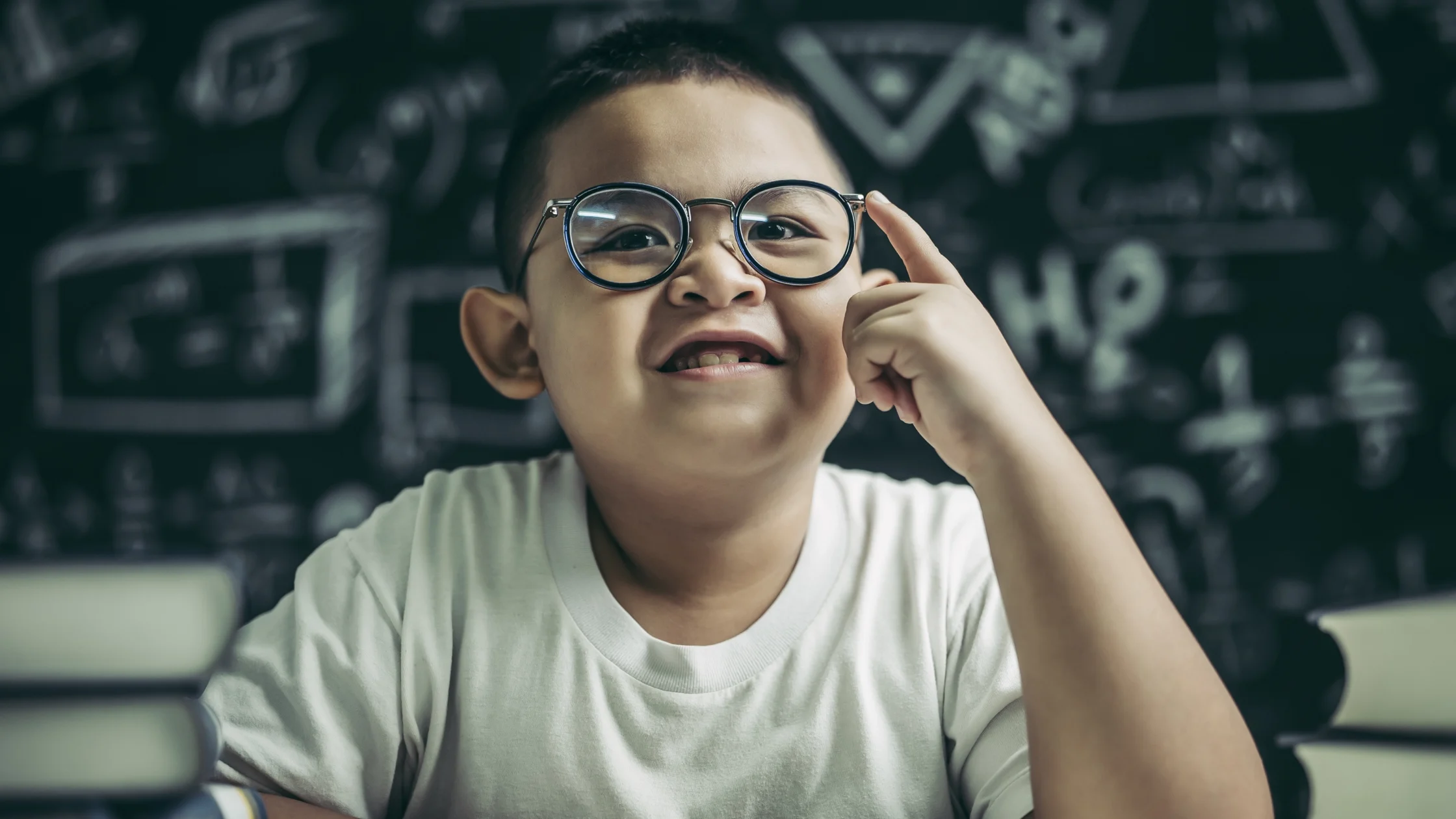 Happy young boy with round glasses sitting at a desk in a classroom with a chalkboard in the background.