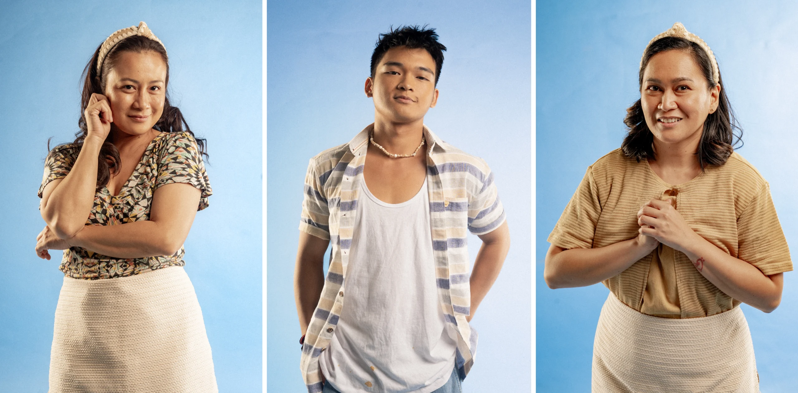Triptych portraits of three young adults posing against a blue wall: left woman, center man, right woman.