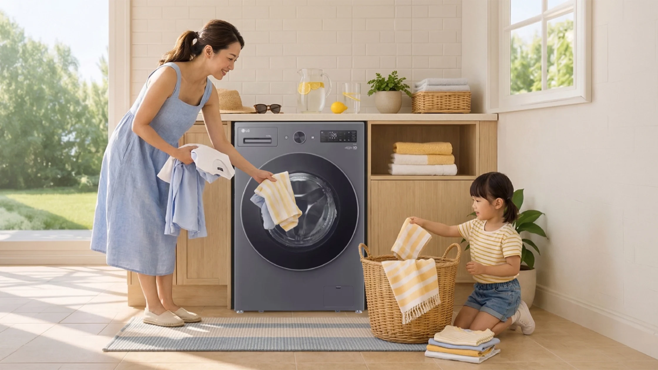 Mother and daughter folding laundry in a bright home laundry room with a front-loading washer nearby.
