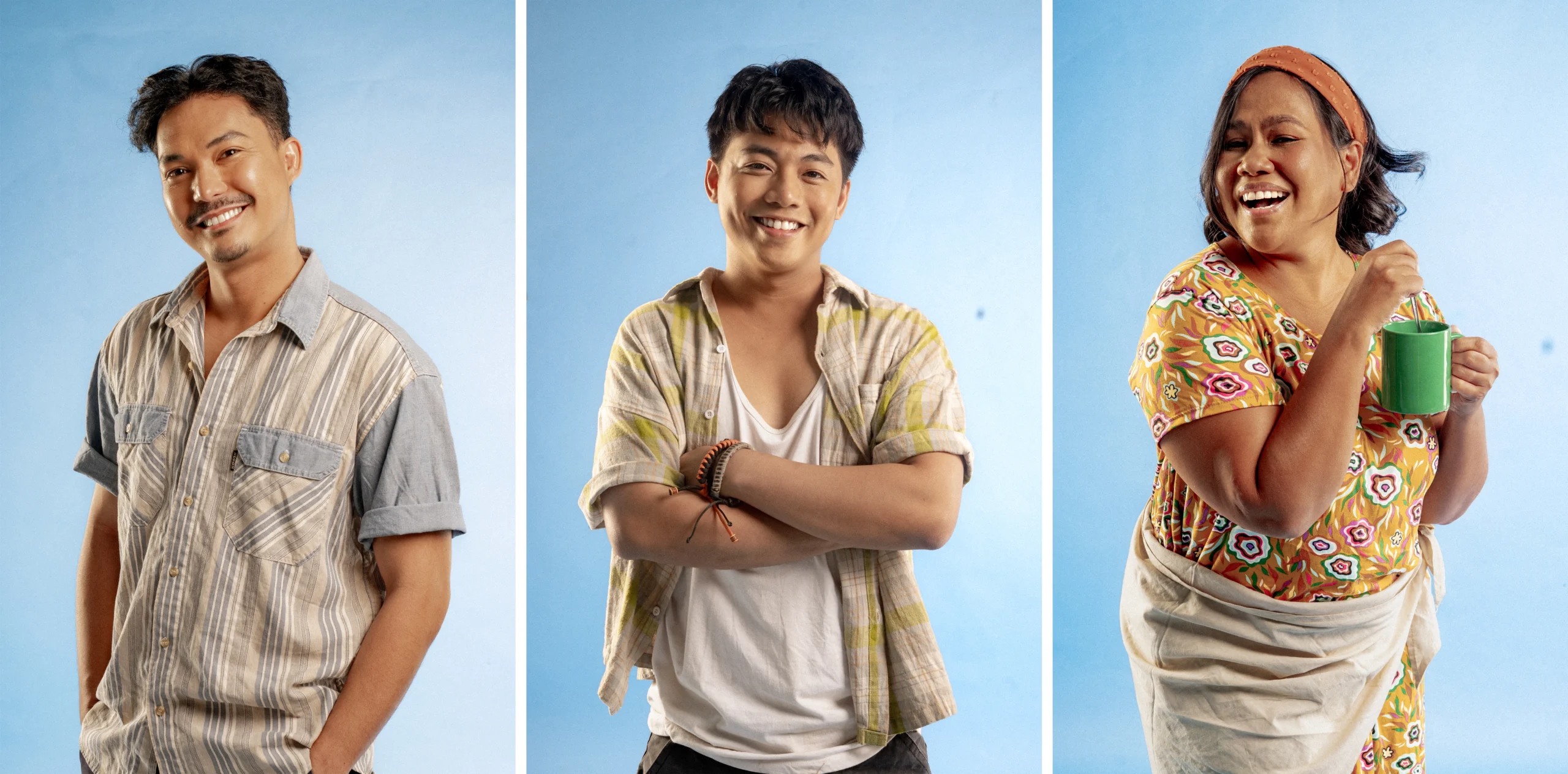 A triptych of three cheerful people against a blue background: left man in a striped shirt, center man with arms crossed, right woman in a floral top holding a green mug and laughing.
