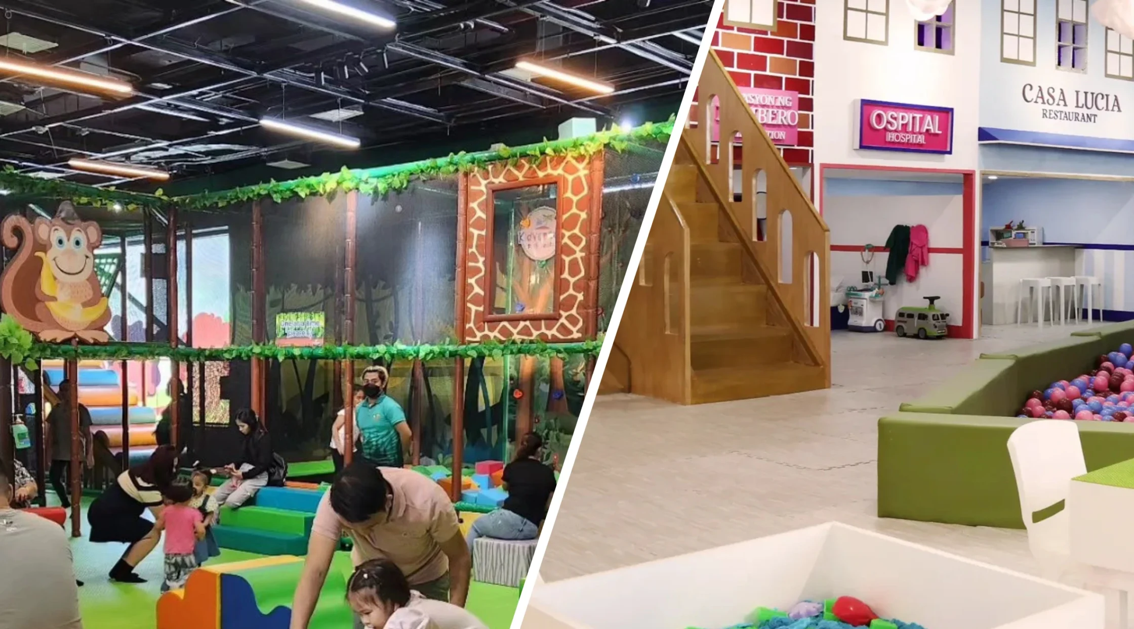 Split view of a kids' indoor play center: left side a jungle-themed climbing area with a monkey mural, vines, and soft play structures; right side a pretend town with a wooden staircase and storefront signs like hospital and restaurant.
