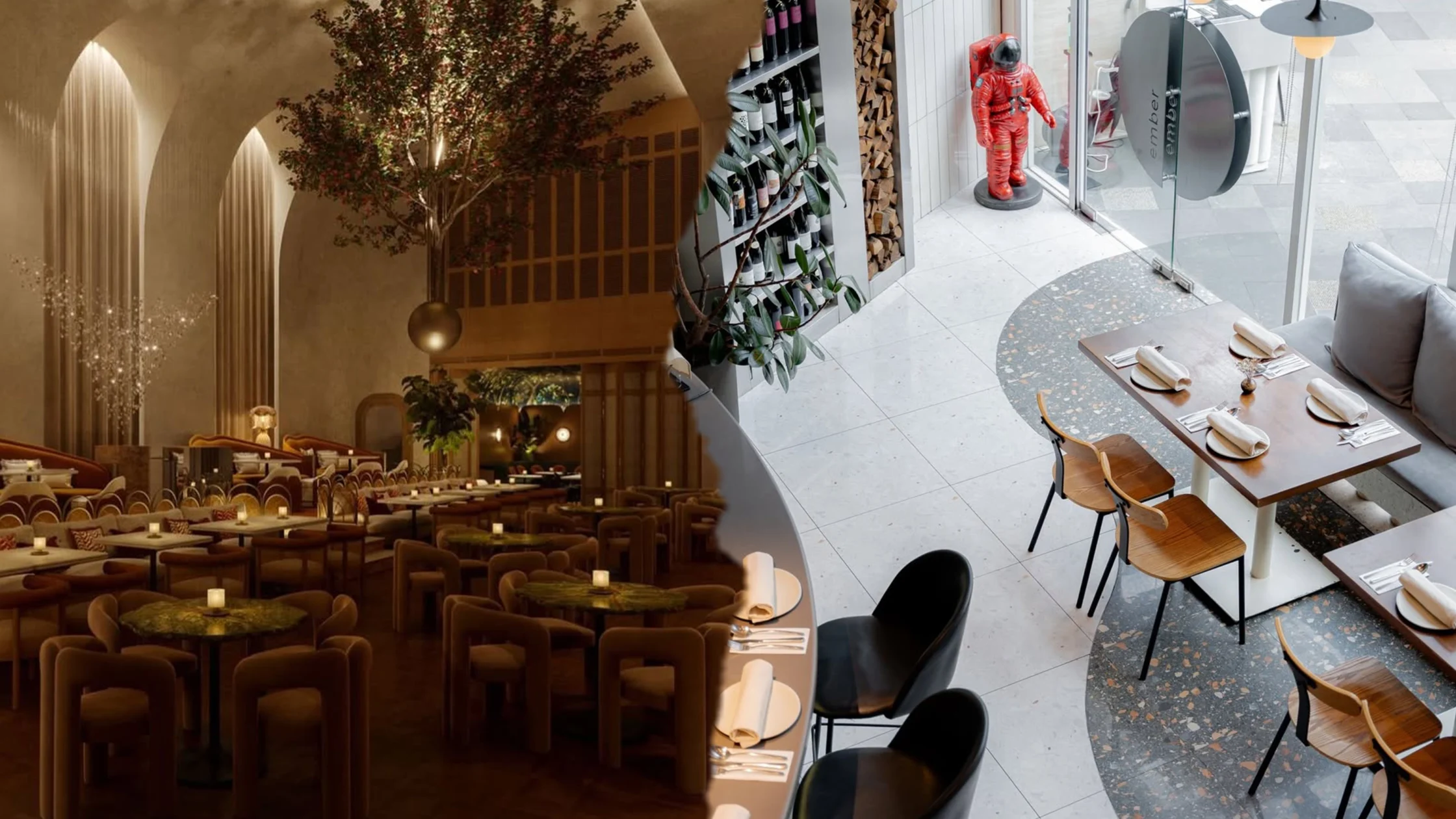 Split interior: left side showing a warm, candlelit upscale restaurant with multiple tables and upholstered chairs; right side a bright contemporary cafe with glass doors, terrazzo flooring, and seating.