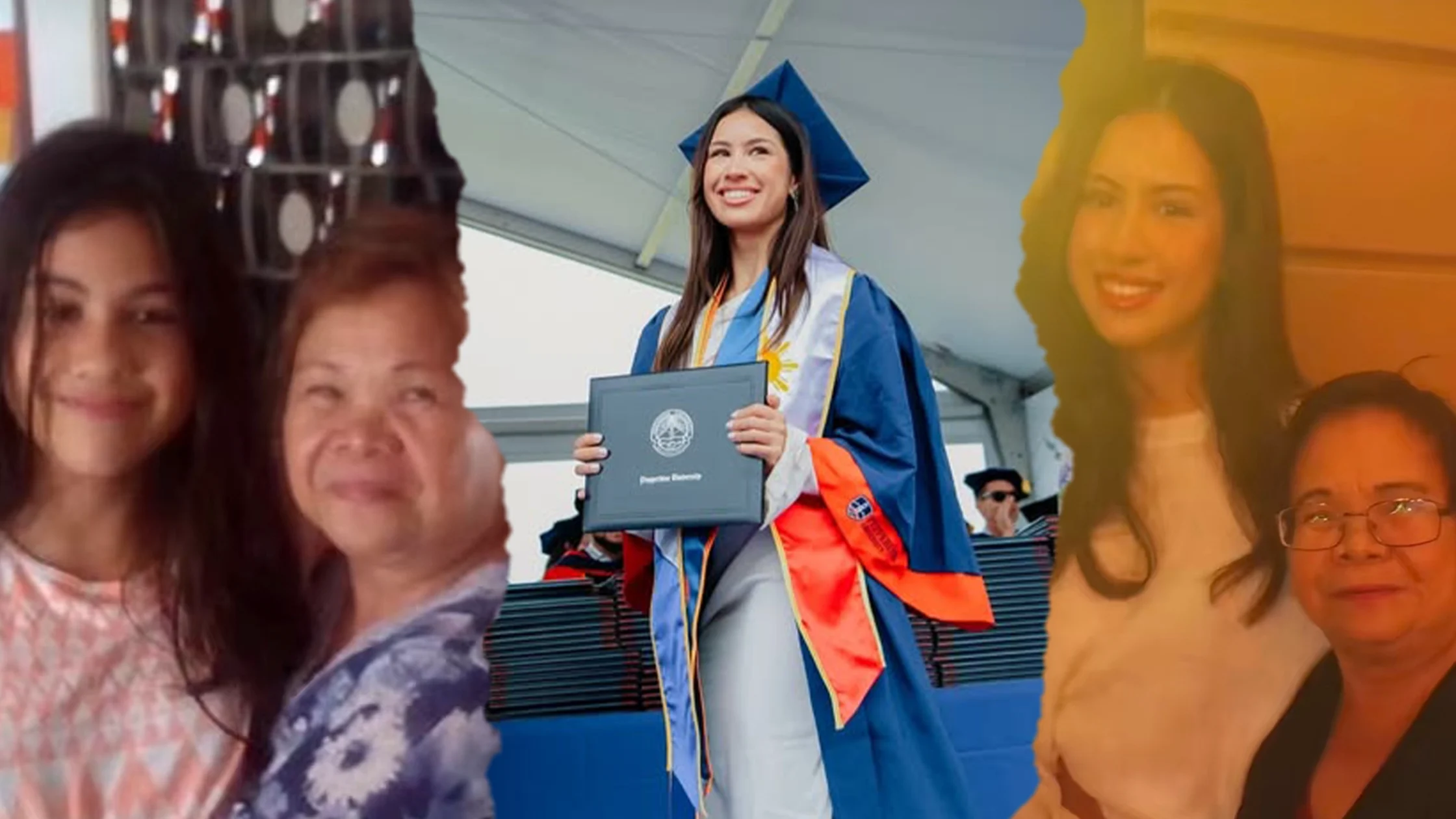 Graduate in blue cap and gown holding diploma, smiling among friends at a ceremony group photo.