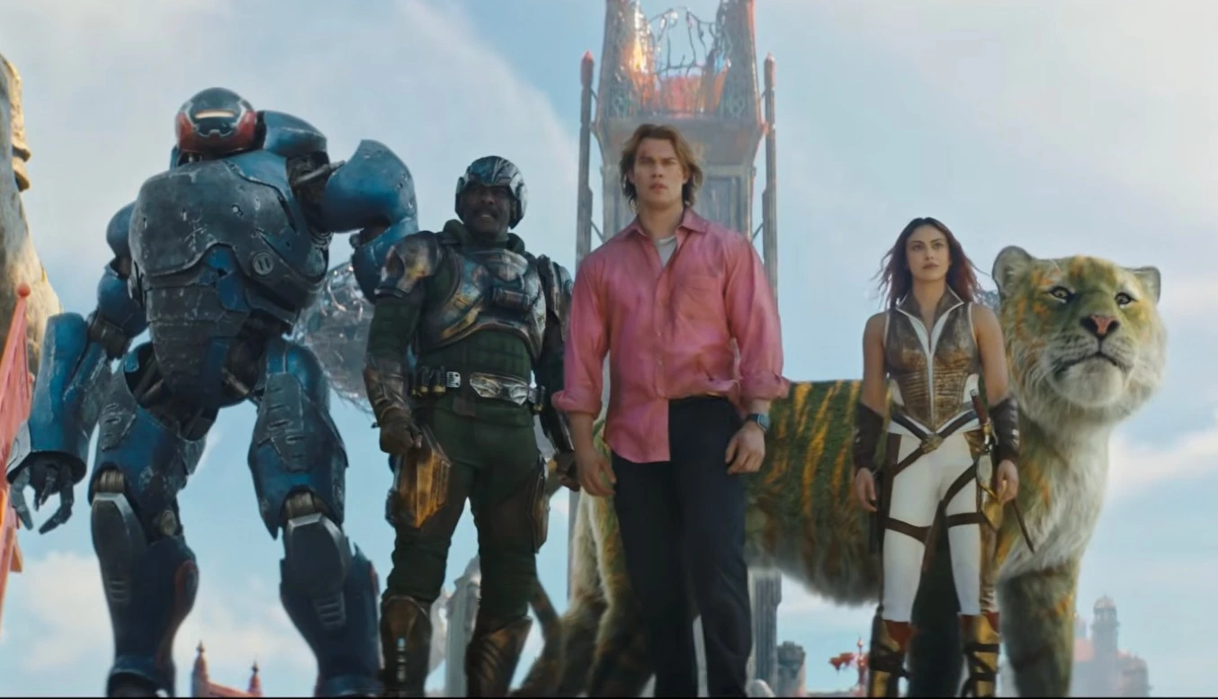 A diverse team of heroes stands together: a man in a pink shirt, a woman in armor, two armored soldiers, a blue mech, and a tiger-like creature in the background on a futuristic set.