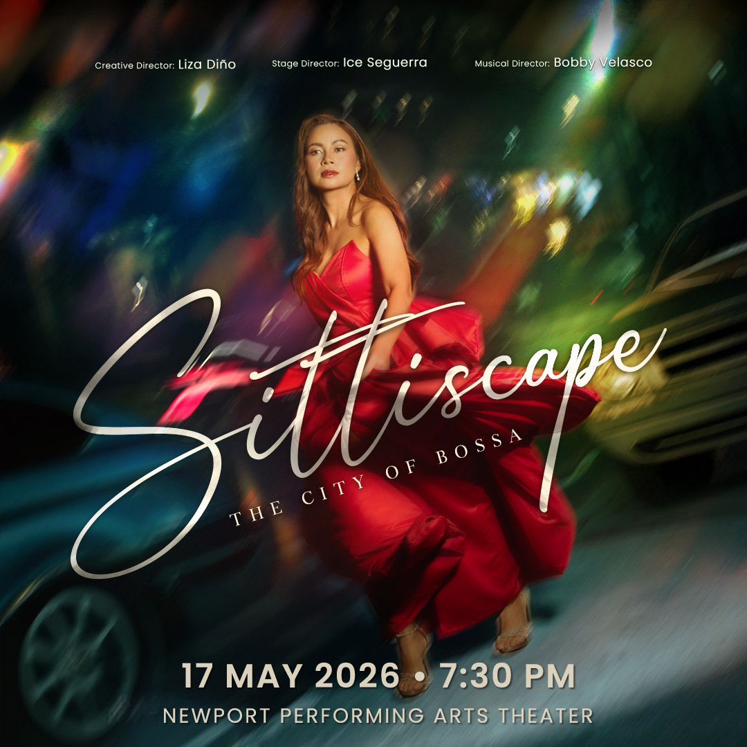 Poster for a performance: woman in a red dress dancing against a colorful, blurred city background with the title script across the image (17 May 2026 • Newport Performing Arts Theater).